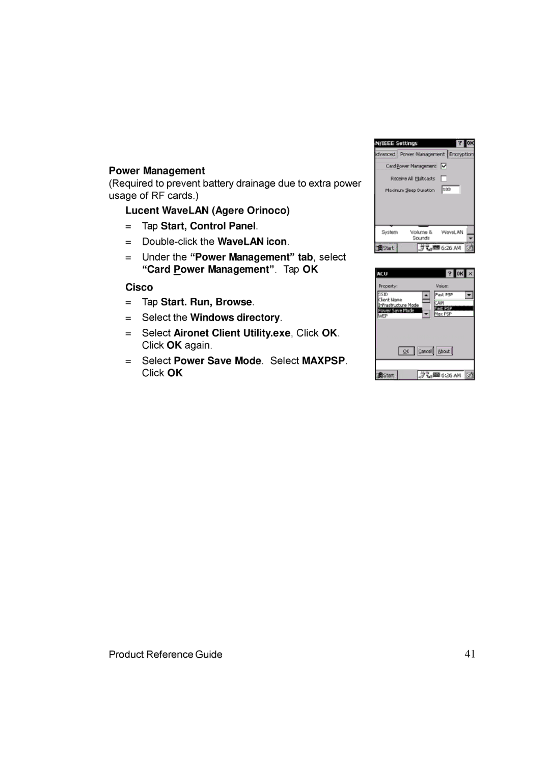 Unitech PA962 manual Power Management, Lucent WaveLAN Agere Orinoco = Tap Start, Control Panel 