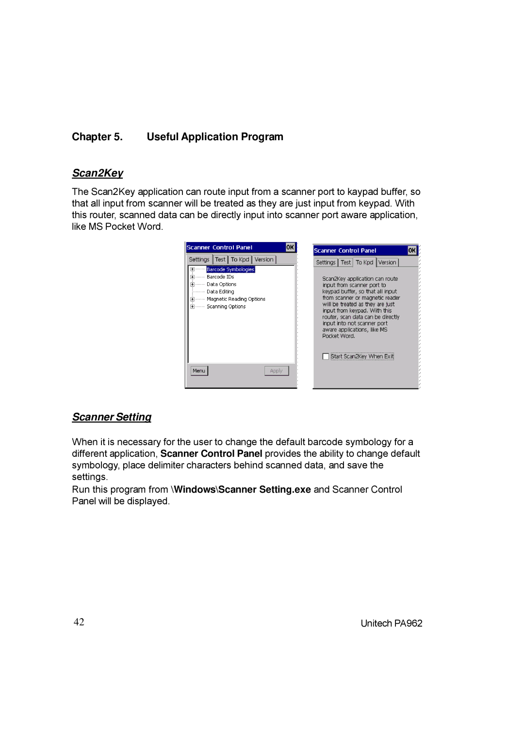 Unitech PA962 manual Scan2Key, Scanner Setting 