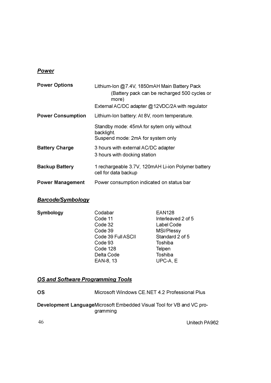 Unitech PA962 manual Power, Barcode/Symbology, OS and Software Programming Tools 