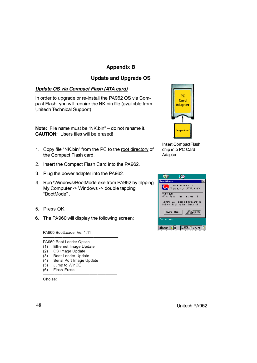 Unitech PA962 manual Appendix B Update and Upgrade OS 