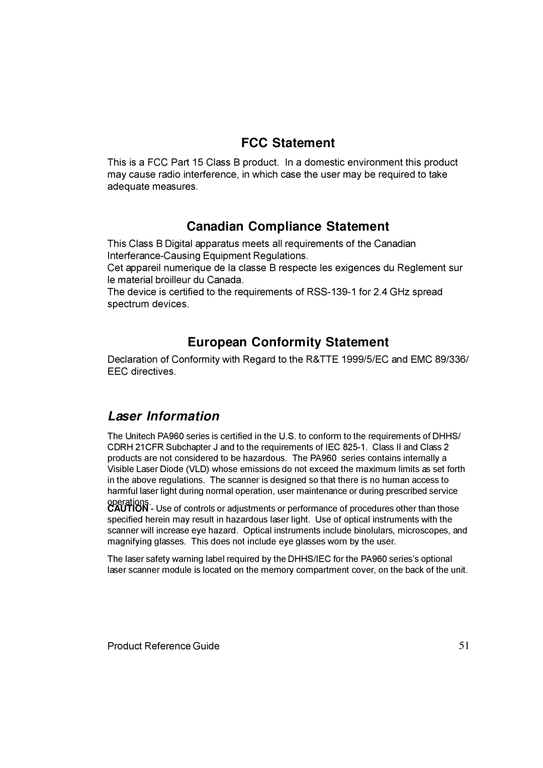 Unitech PA962 manual Laser Information 