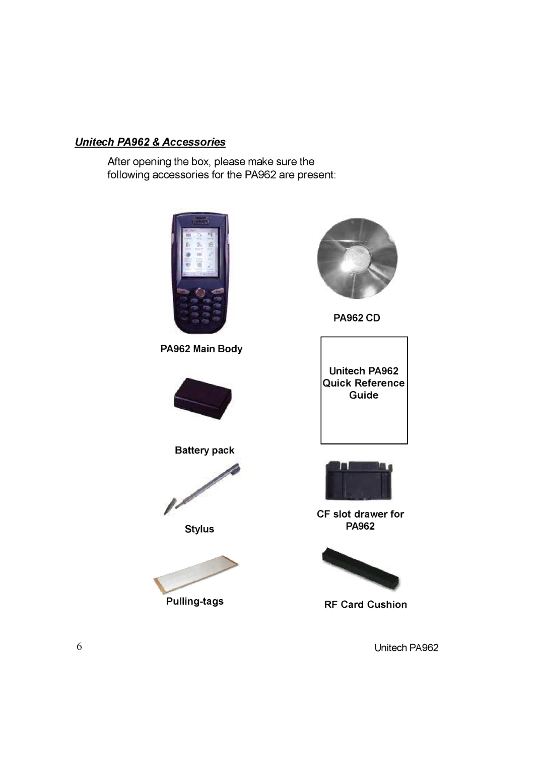 Unitech manual Unitech PA962 & Accessories, Pulling-tags RF Card Cushion 