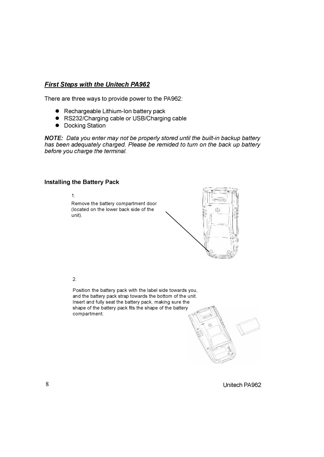 Unitech manual First Steps with the Unitech PA962, Installing the Battery Pack 