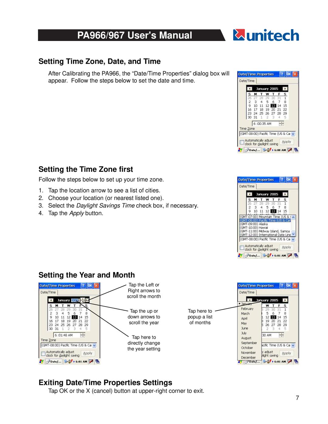 Unitech PA966, PA967 user manual Setting Time Zone, Date, and Time, Setting the Time Zone first, Setting the Year and Month 