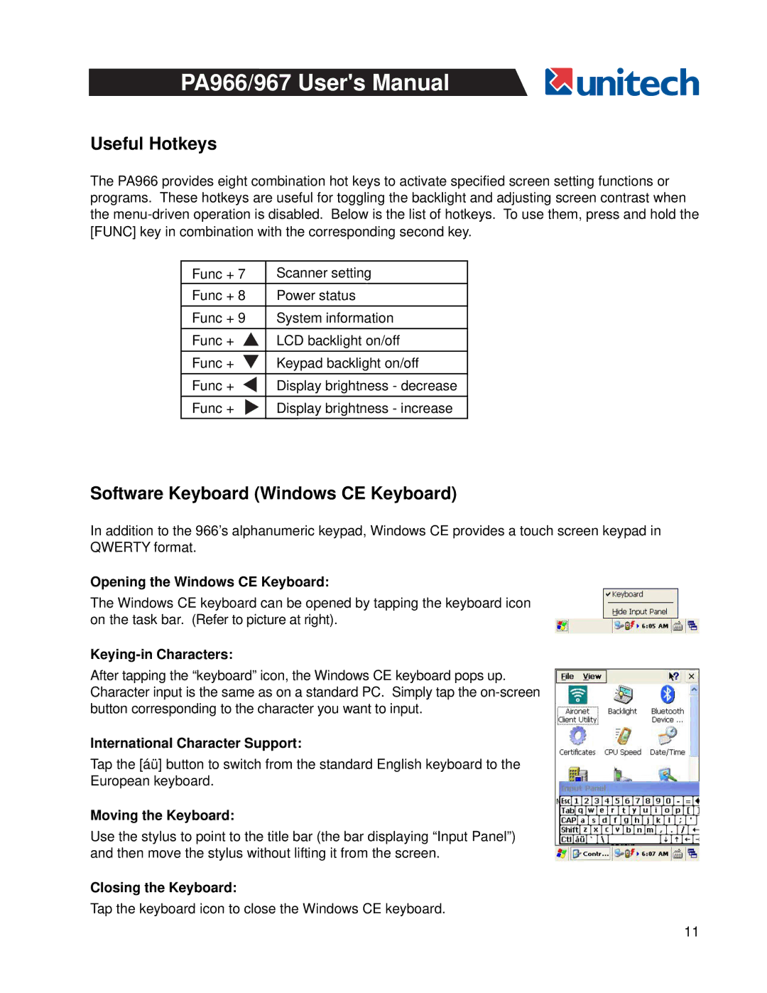 Unitech PA966, PA967 user manual Useful Hotkeys, Software Keyboard Windows CE Keyboard 