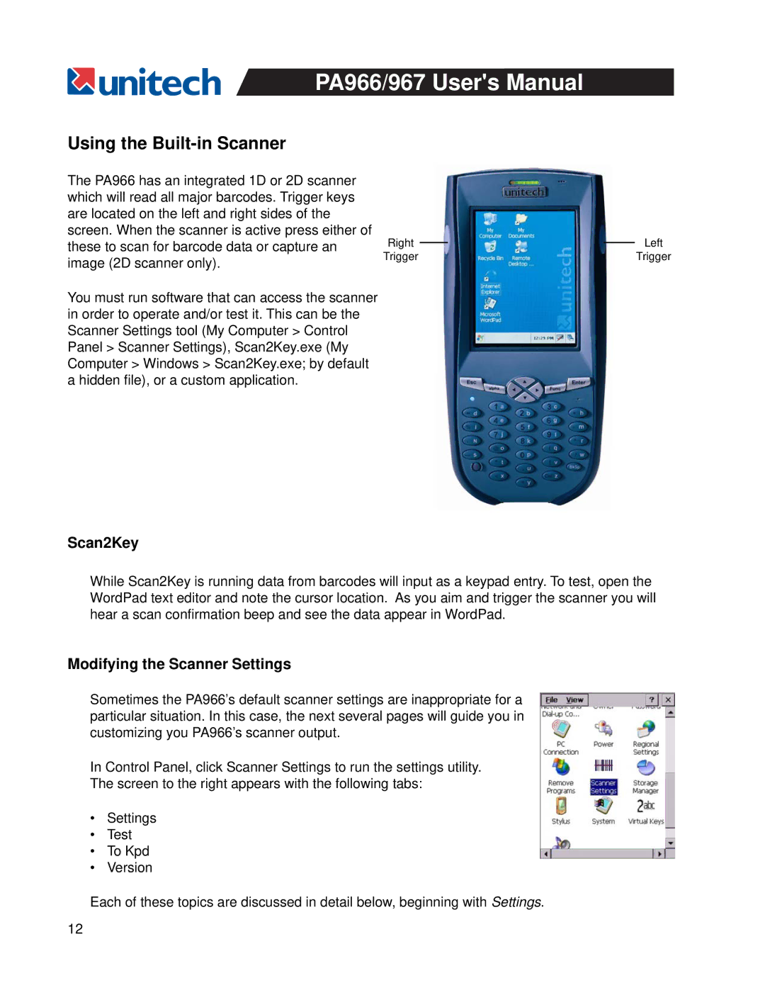 Unitech PA967, PA966 user manual Using the Built-in Scanner, Scan2Key, Modifying the Scanner Settings 