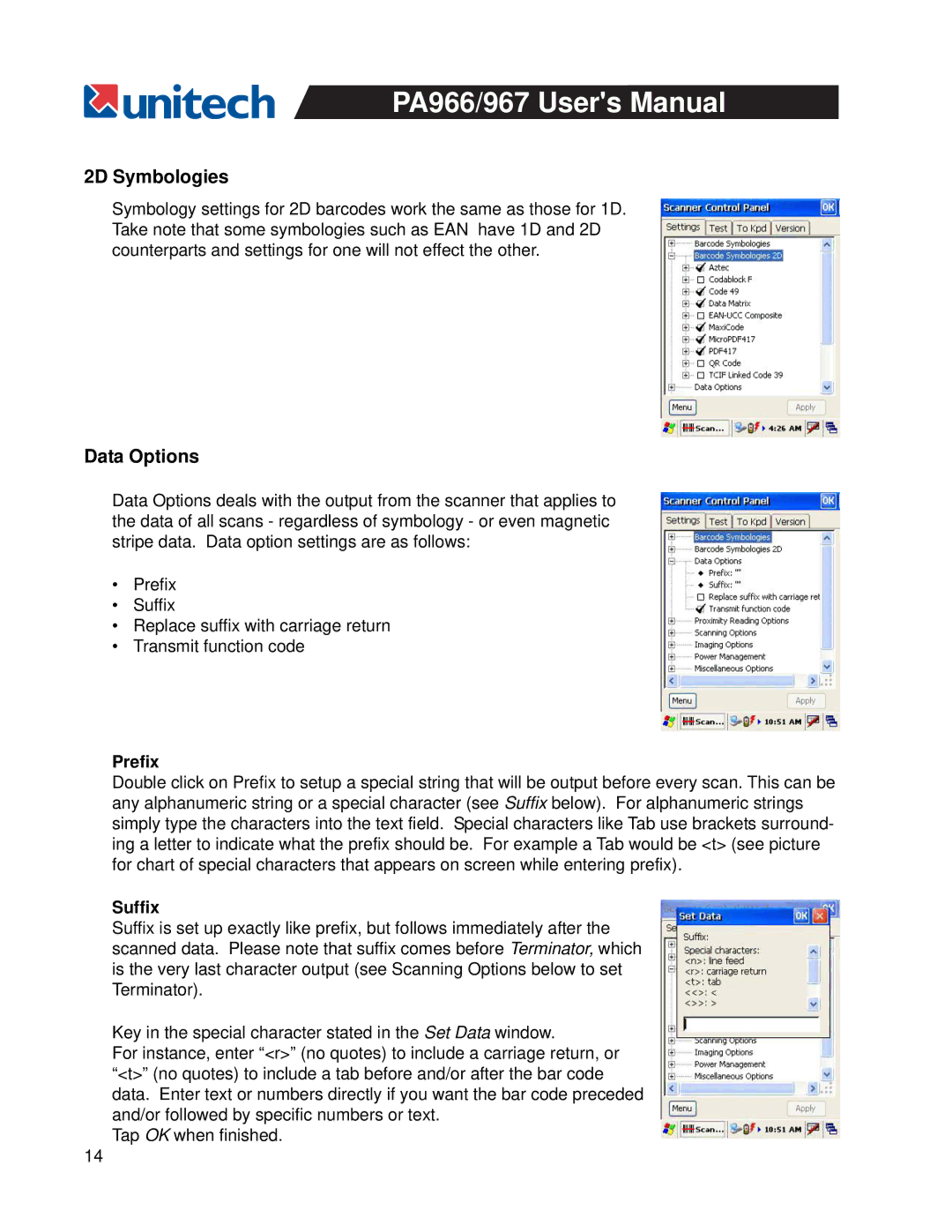 Unitech PA967, PA966 user manual 2D Symbologies, Data Options, Prefix, Suffix 