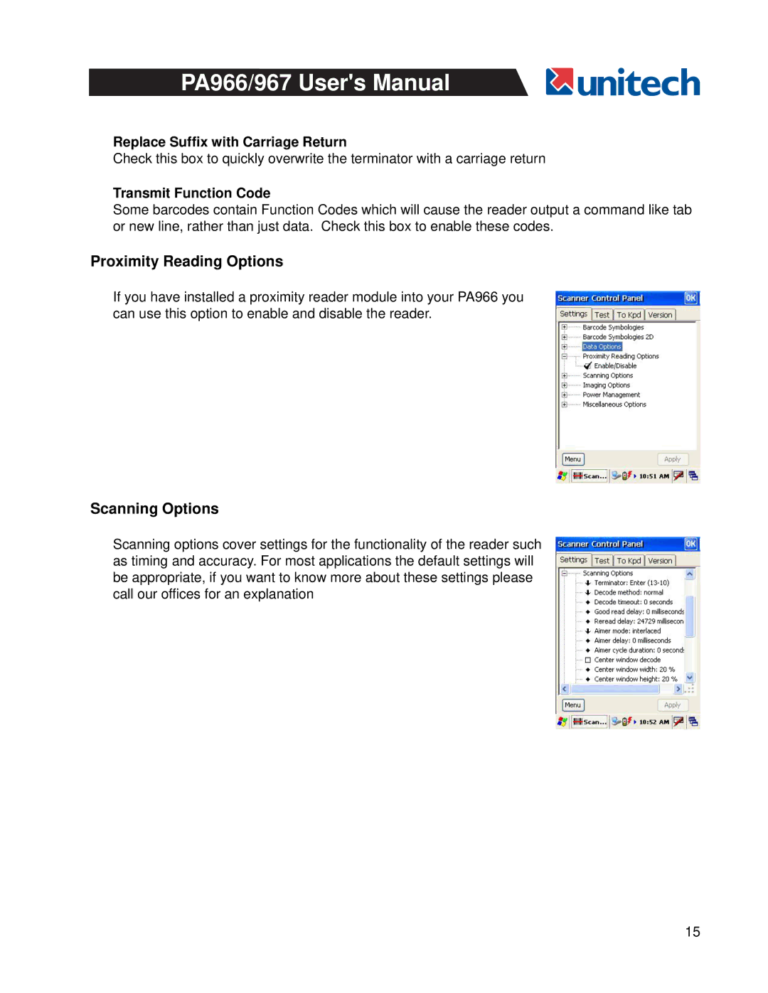 Unitech PA966 Proximity Reading Options, Scanning Options, Replace Suffix with Carriage Return, Transmit Function Code 