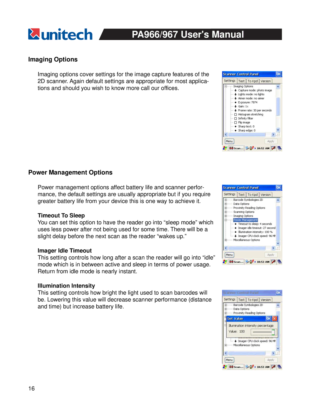 Unitech PA967 Imaging Options, Power Management Options, Timeout To Sleep, Imager Idle Timeout, Illumination Intensity 