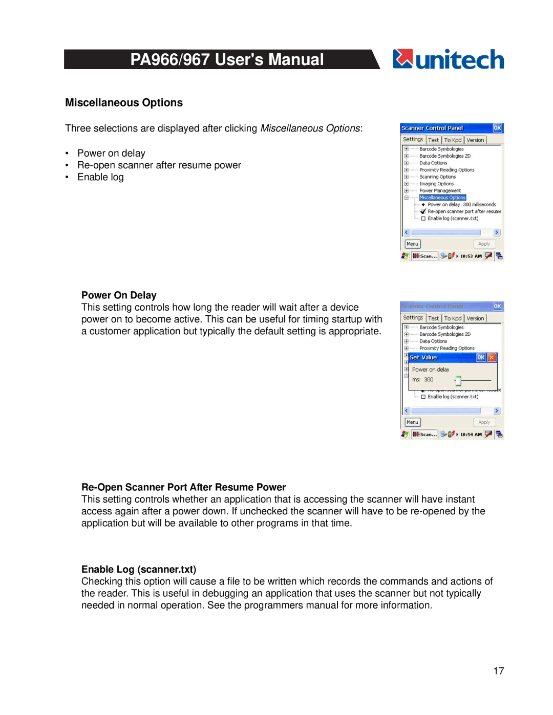 Unitech PA966 Miscellaneous Options, Power On Delay, Re-Open Scanner Port After Resume Power, Enable Log scanner.txt 