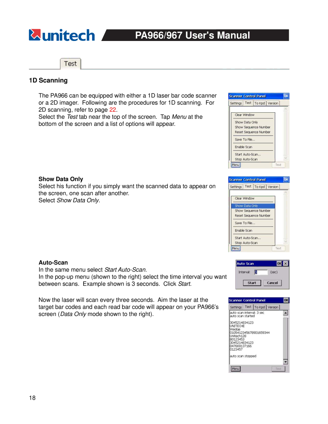 Unitech PA967, PA966 user manual 1D Scanning, Show Data Only, Auto-Scan 