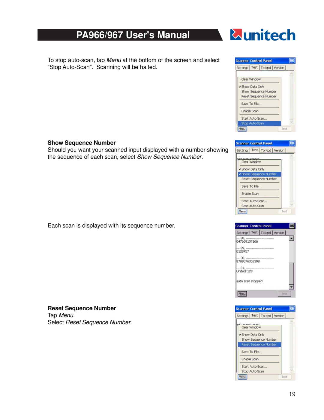 Unitech PA966, PA967 user manual Show Sequence Number, Reset Sequence Number 