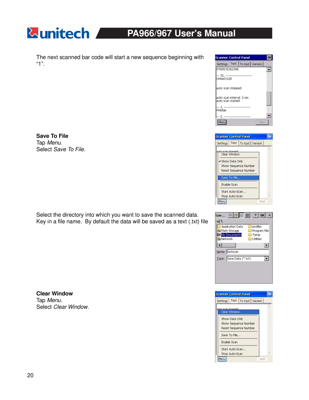 Unitech PA967, PA966 user manual Save To File, Clear Window 