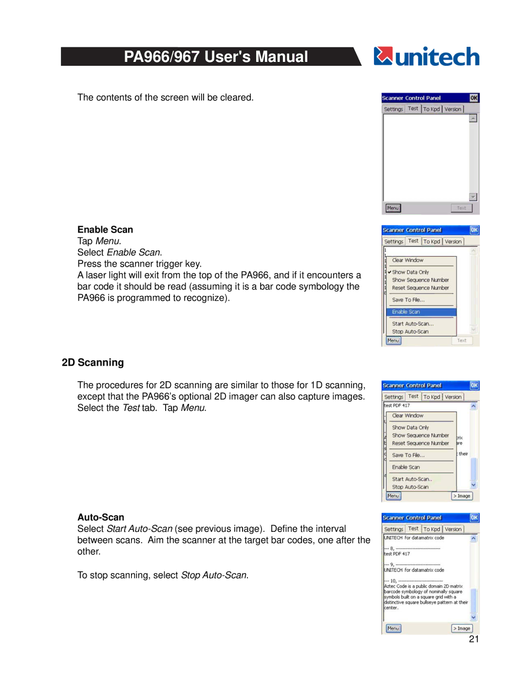 Unitech PA966, PA967 user manual 2D Scanning, Enable Scan 