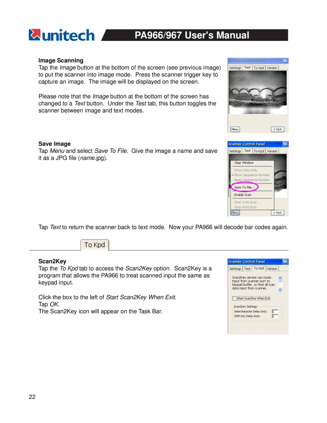 Unitech PA967, PA966 user manual Image Scanning, Save Image, Scan2Key 
