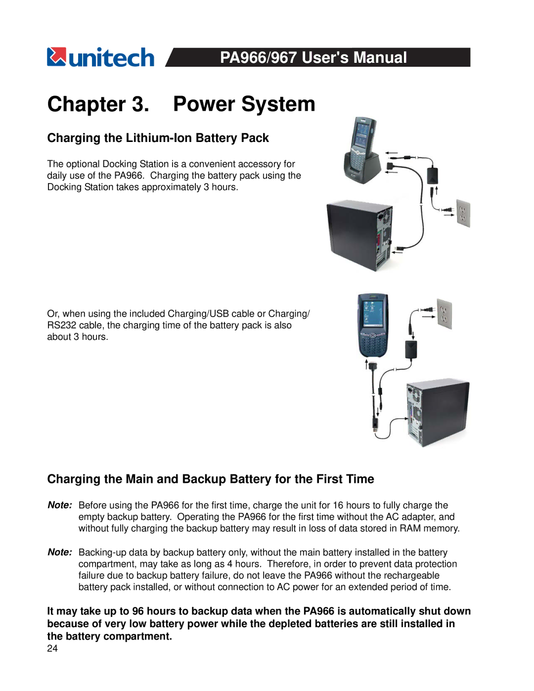 Unitech PA967, PA966 Charging the Lithium-Ion Battery Pack, Charging the Main and Backup Battery for the First Time 