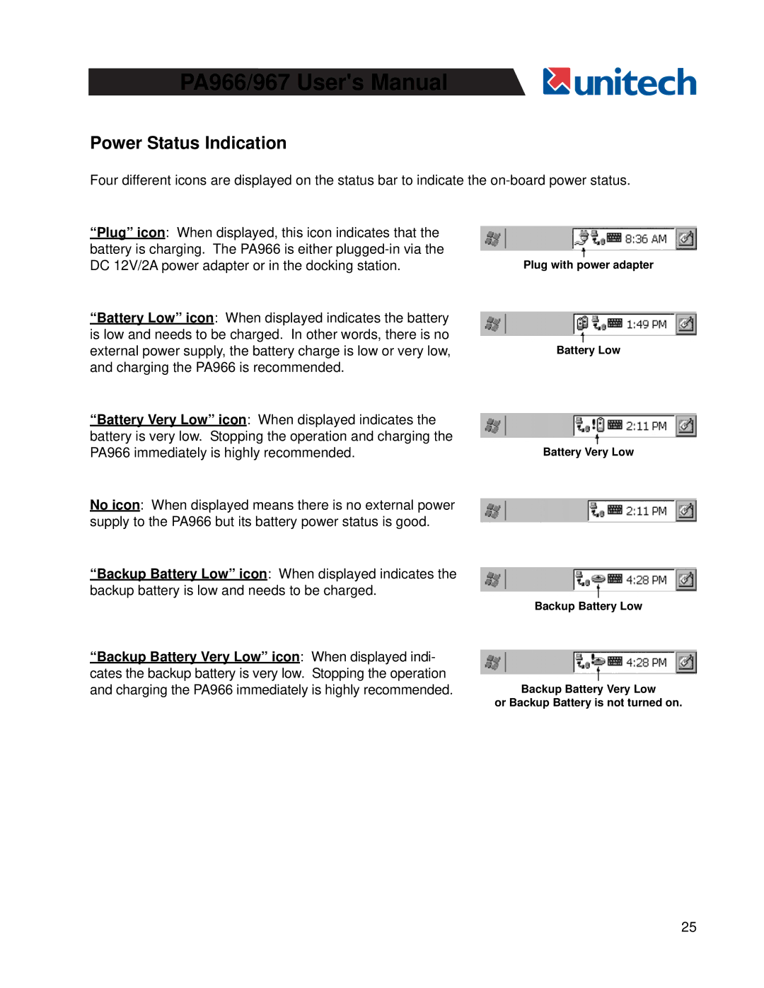 Unitech PA966, PA967 user manual Power Status Indication 