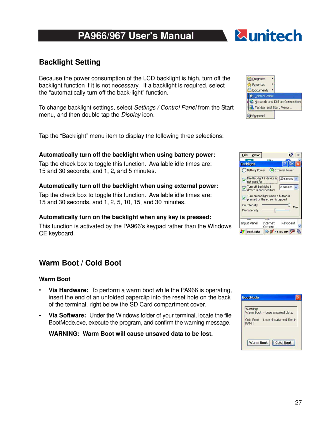 Unitech PA966, PA967 Backlight Setting, Warm Boot / Cold Boot, Automatically turn on the backlight when any key is pressed 