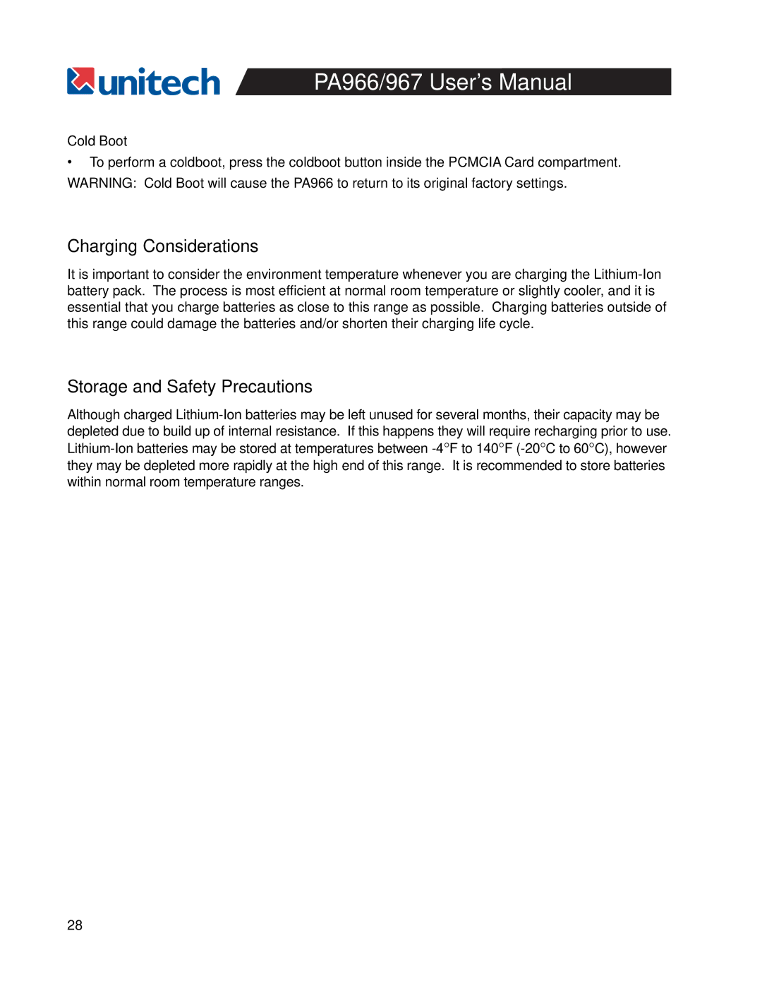 Unitech PA967, PA966 user manual Charging Considerations, Storage and Safety Precautions, Cold Boot 