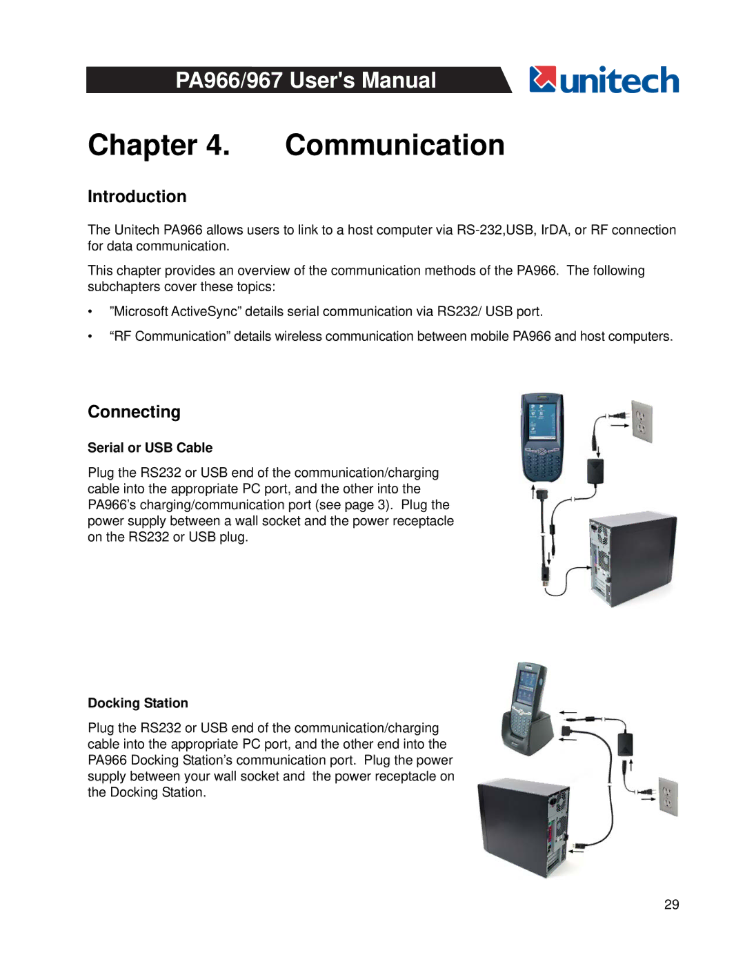 Unitech PA966, PA967 user manual Introduction, Connecting, Serial or USB Cable, Docking Station 