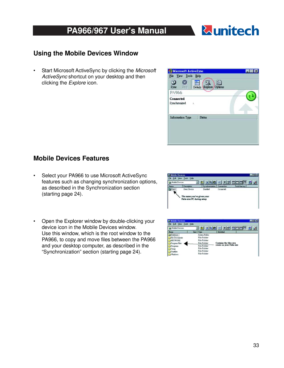 Unitech PA966, PA967 user manual Using the Mobile Devices Window, Mobile Devices Features 