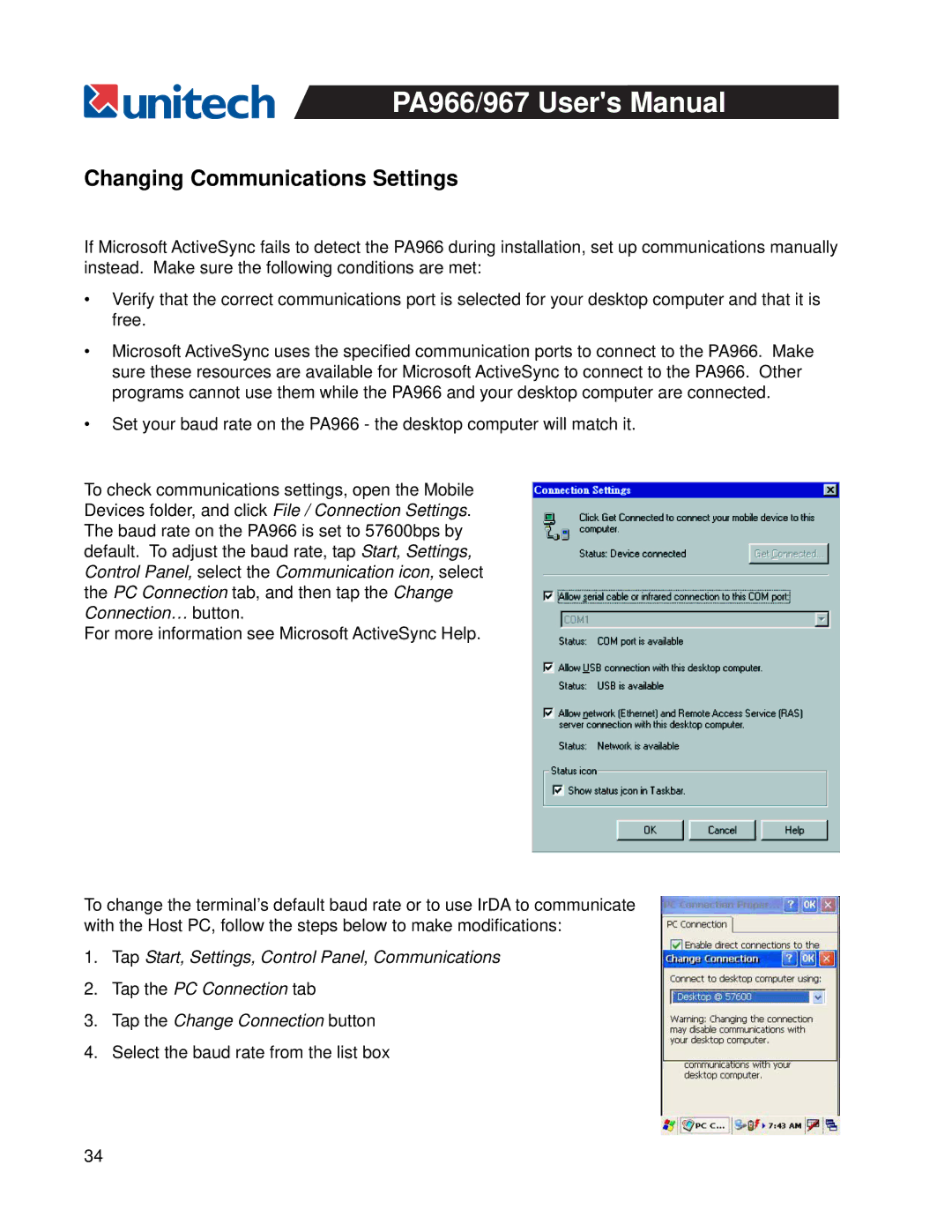 Unitech PA967, PA966 user manual Changing Communications Settings 