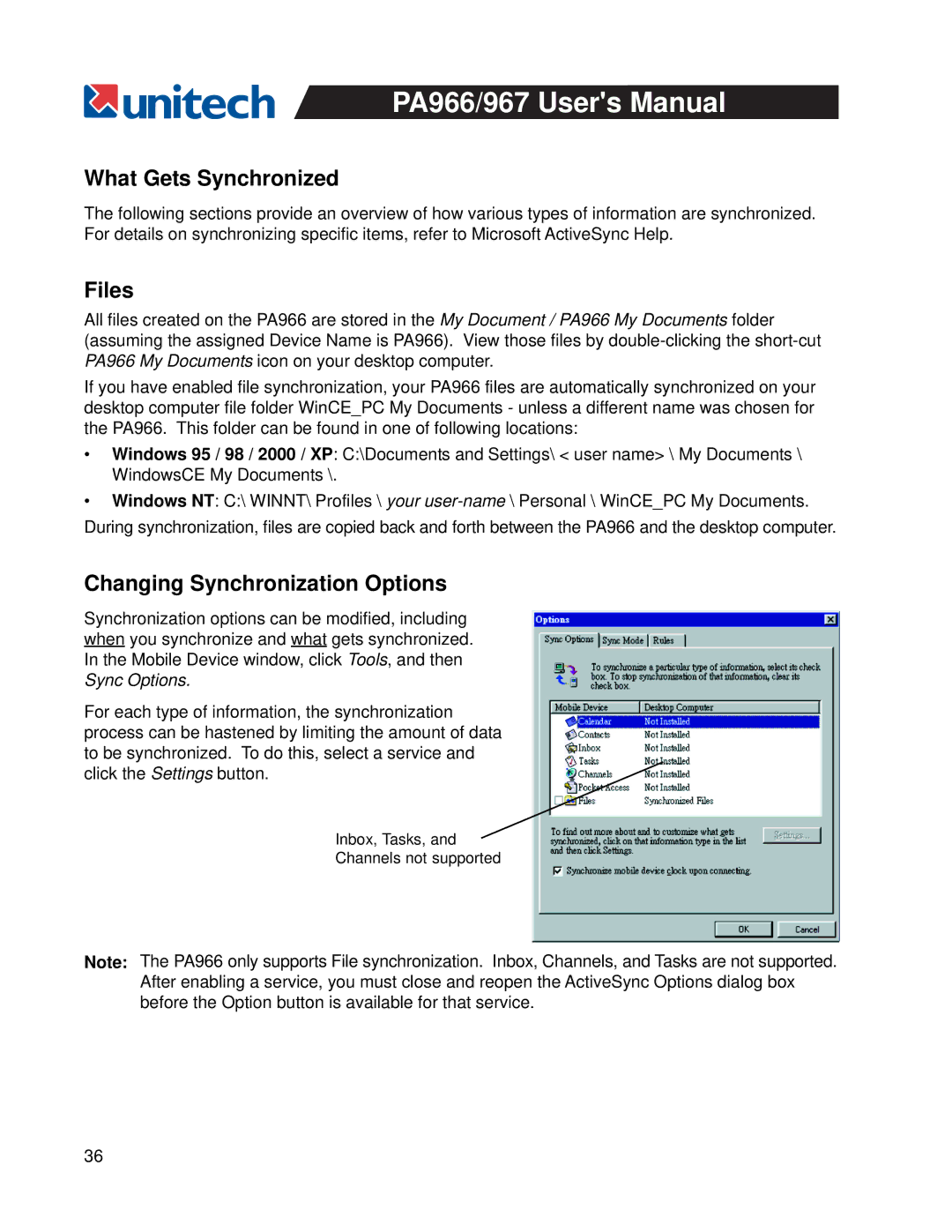 Unitech PA967, PA966 user manual What Gets Synchronized, Files, Changing Synchronization Options 