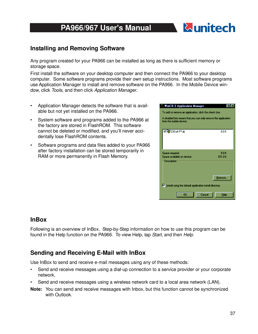 Unitech PA966, PA967 user manual Installing and Removing Software, Sending and Receiving E-Mail with InBox 