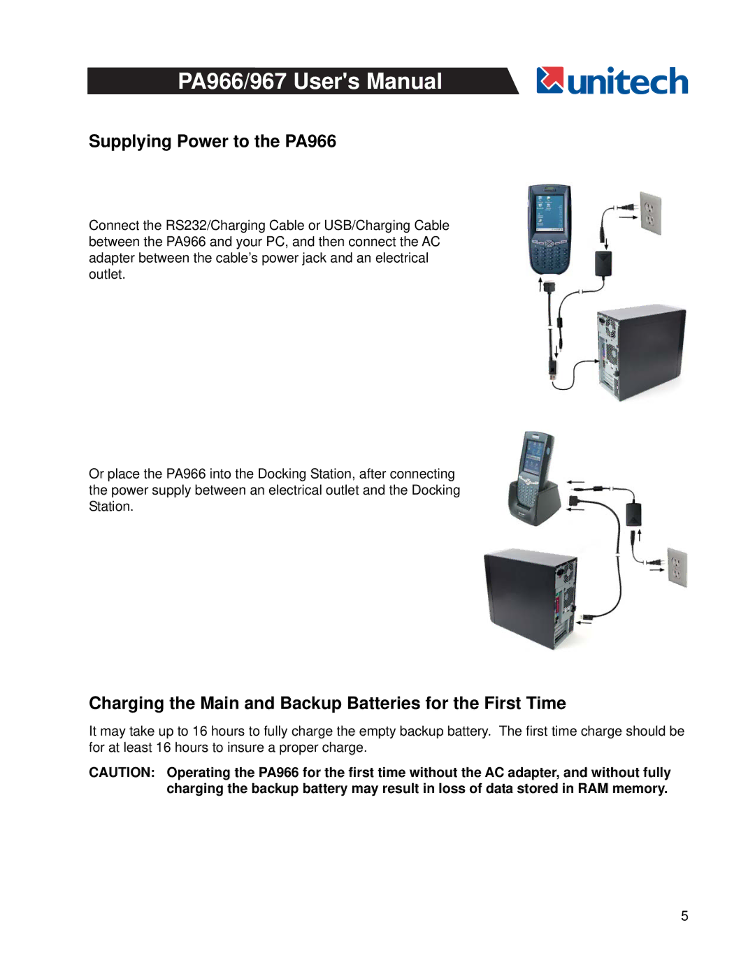 Unitech PA967 user manual Supplying Power to the PA966, Charging the Main and Backup Batteries for the First Time 