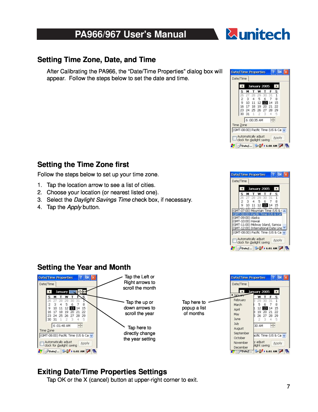 Unitech PA966, PA967 user manual Setting Time Zone, Date, and Time, Setting the Time Zone first, Setting the Year and Month 