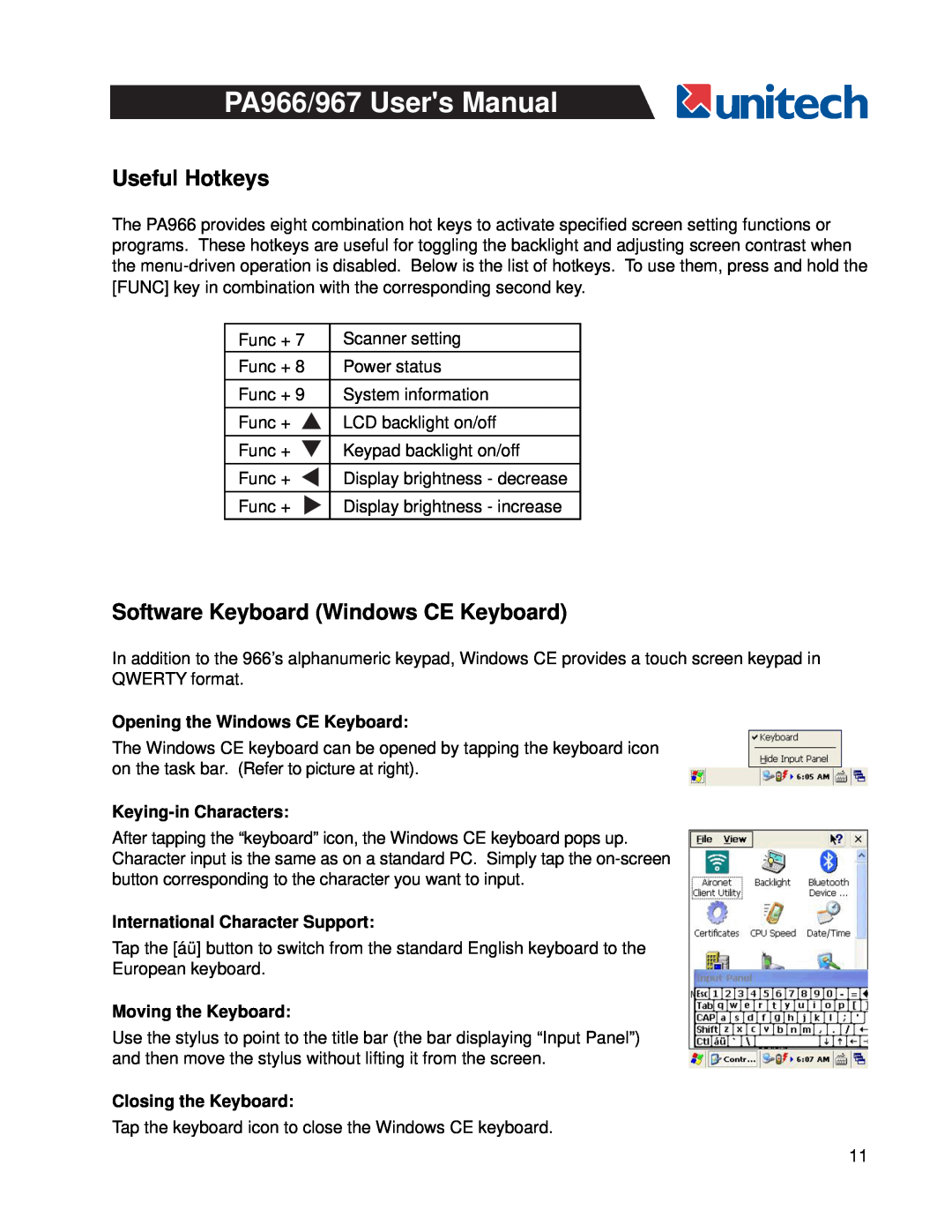 Unitech PA966 Useful Hotkeys, Software Keyboard Windows CE Keyboard, Opening the Windows CE Keyboard, Keying-inCharacters 