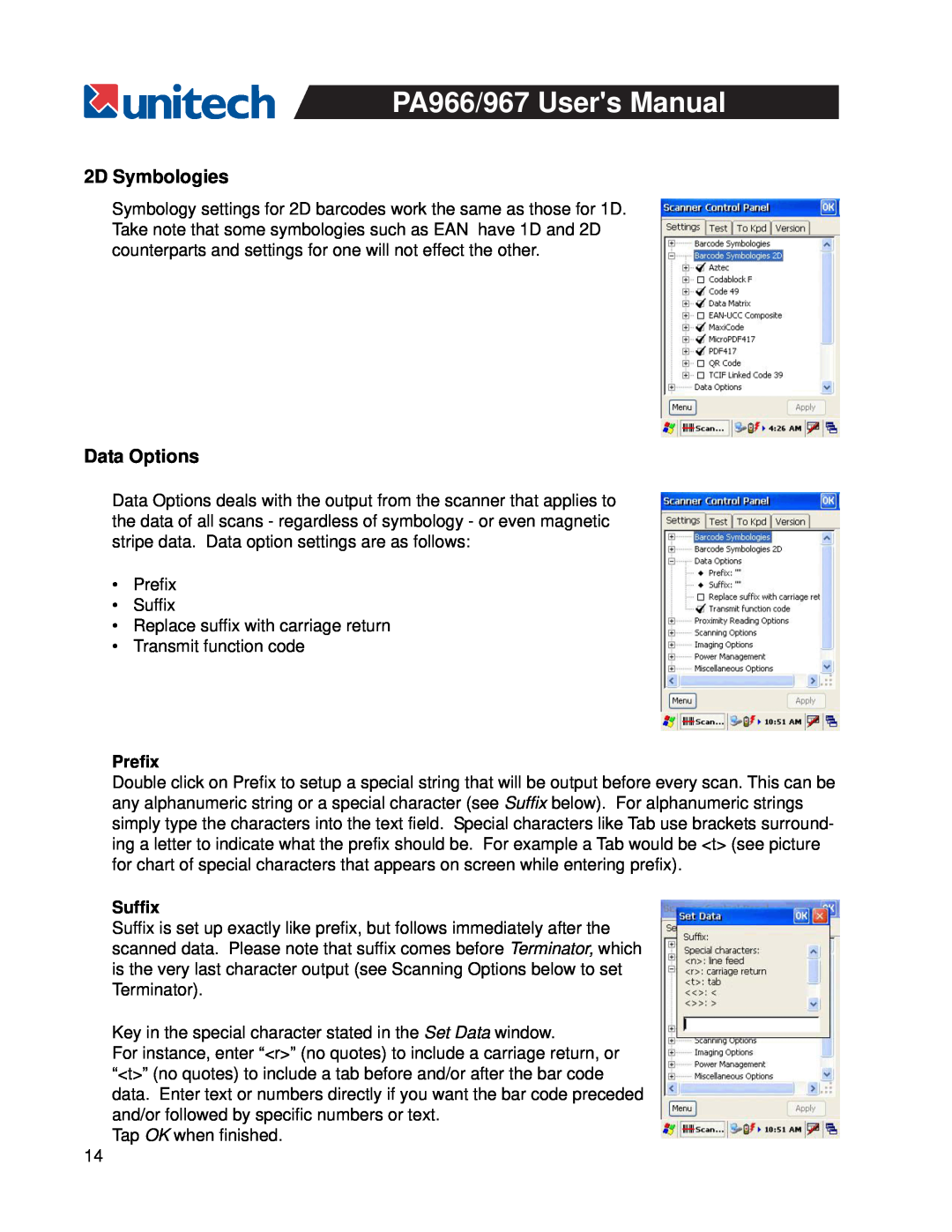 Unitech PA967, PA966 user manual 2D Symbologies, Data Options, Prefix, Suffix 