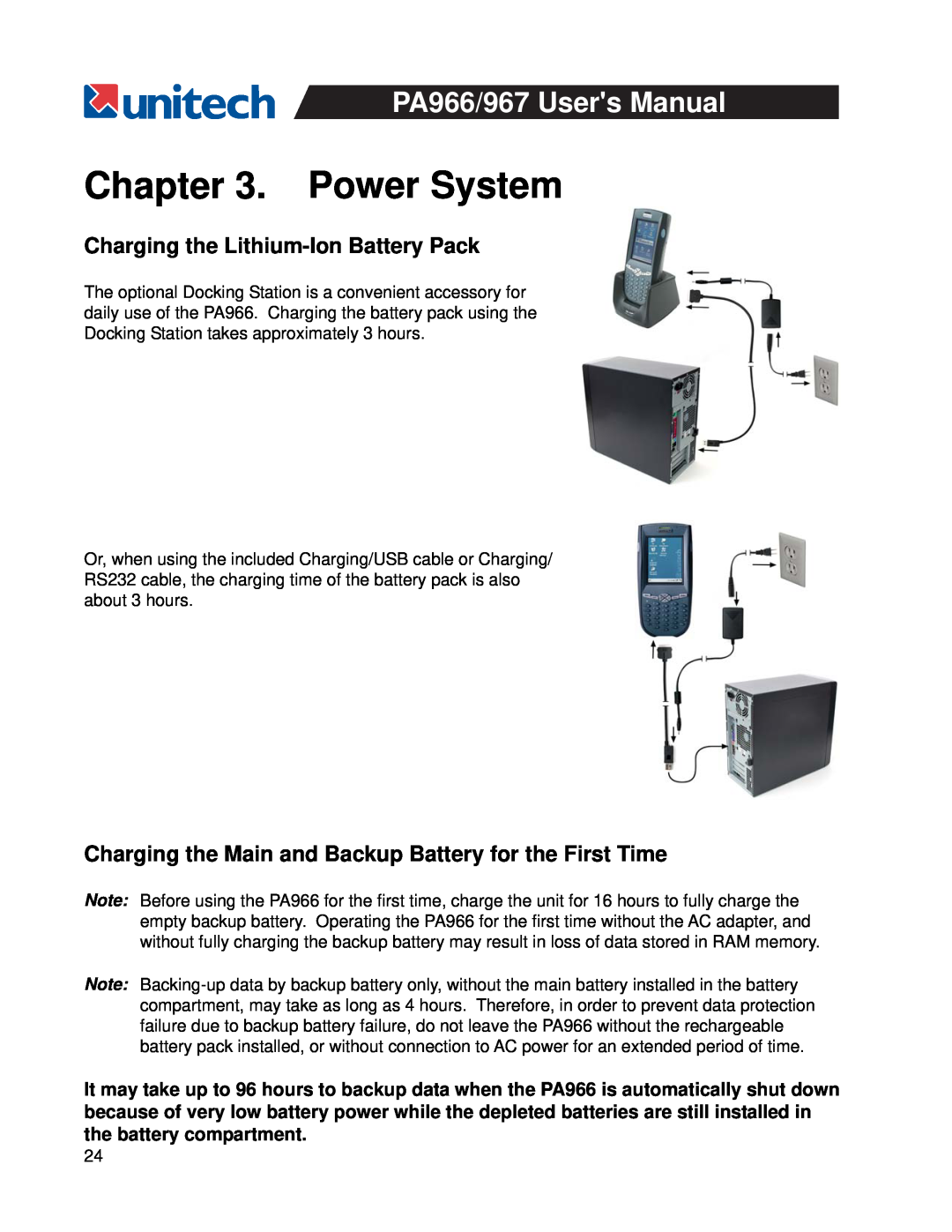 Unitech PA967, PA966 user manual Power System, Charging the Lithium-IonBattery Pack 