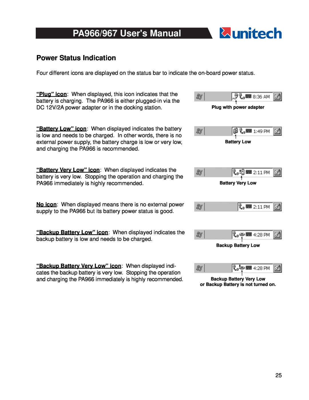 Unitech PA966, PA967 user manual Power Status Indication 