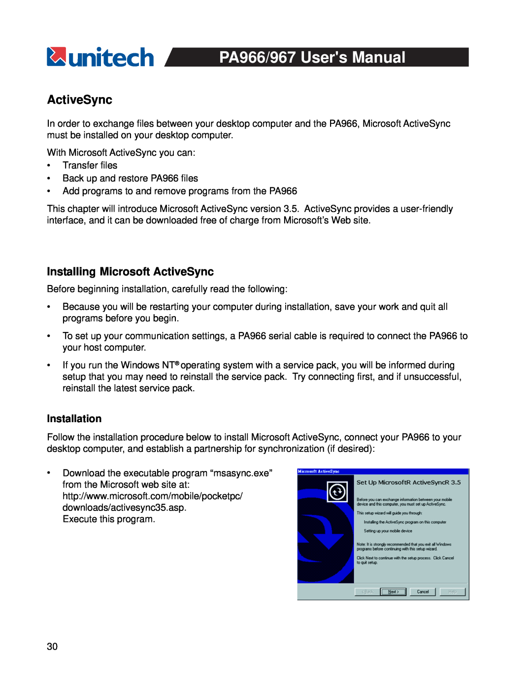 Unitech PA967, PA966 user manual Installation, Installing Microsoft ActiveSync 
