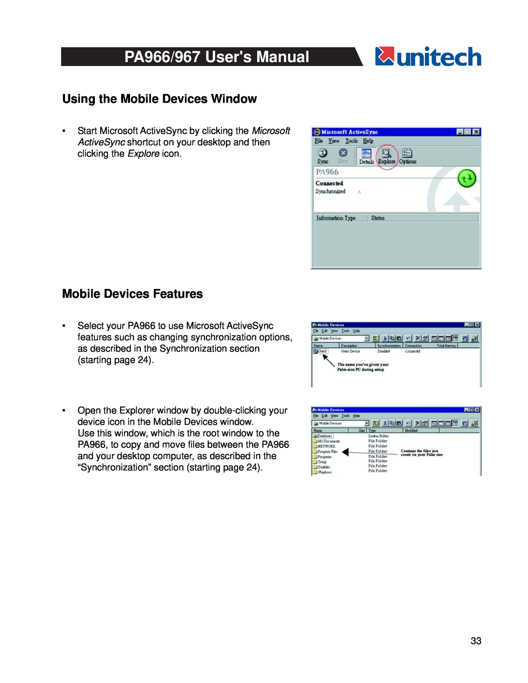 Unitech PA966, PA967 user manual Using the Mobile Devices Window, Mobile Devices Features 