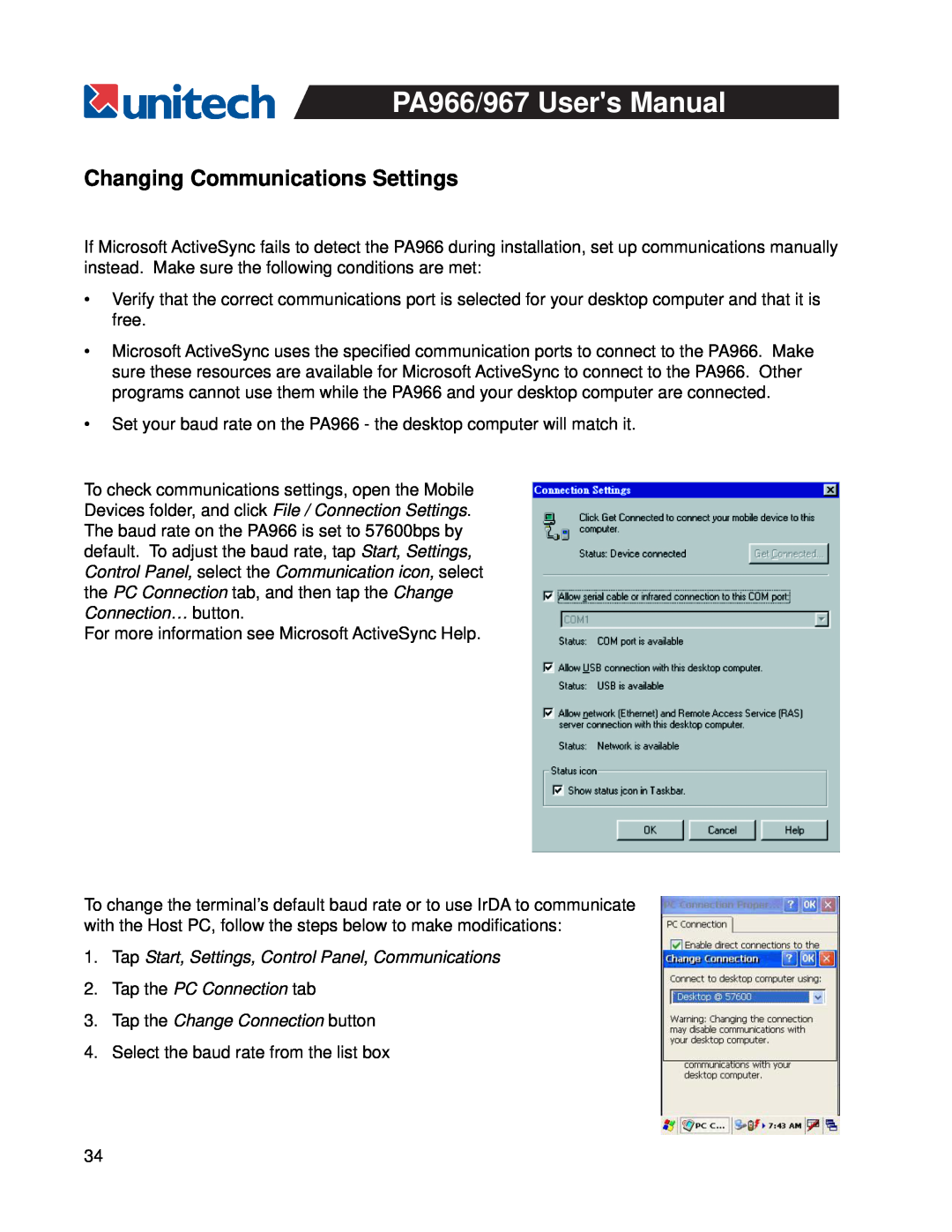 Unitech PA967, PA966 Changing Communications Settings, Tap the PC Connection tab, Tap the Change Connection button 