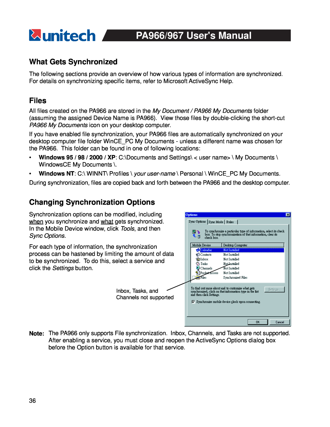 Unitech PA967, PA966 user manual What Gets Synchronized, Files, Changing Synchronization Options 