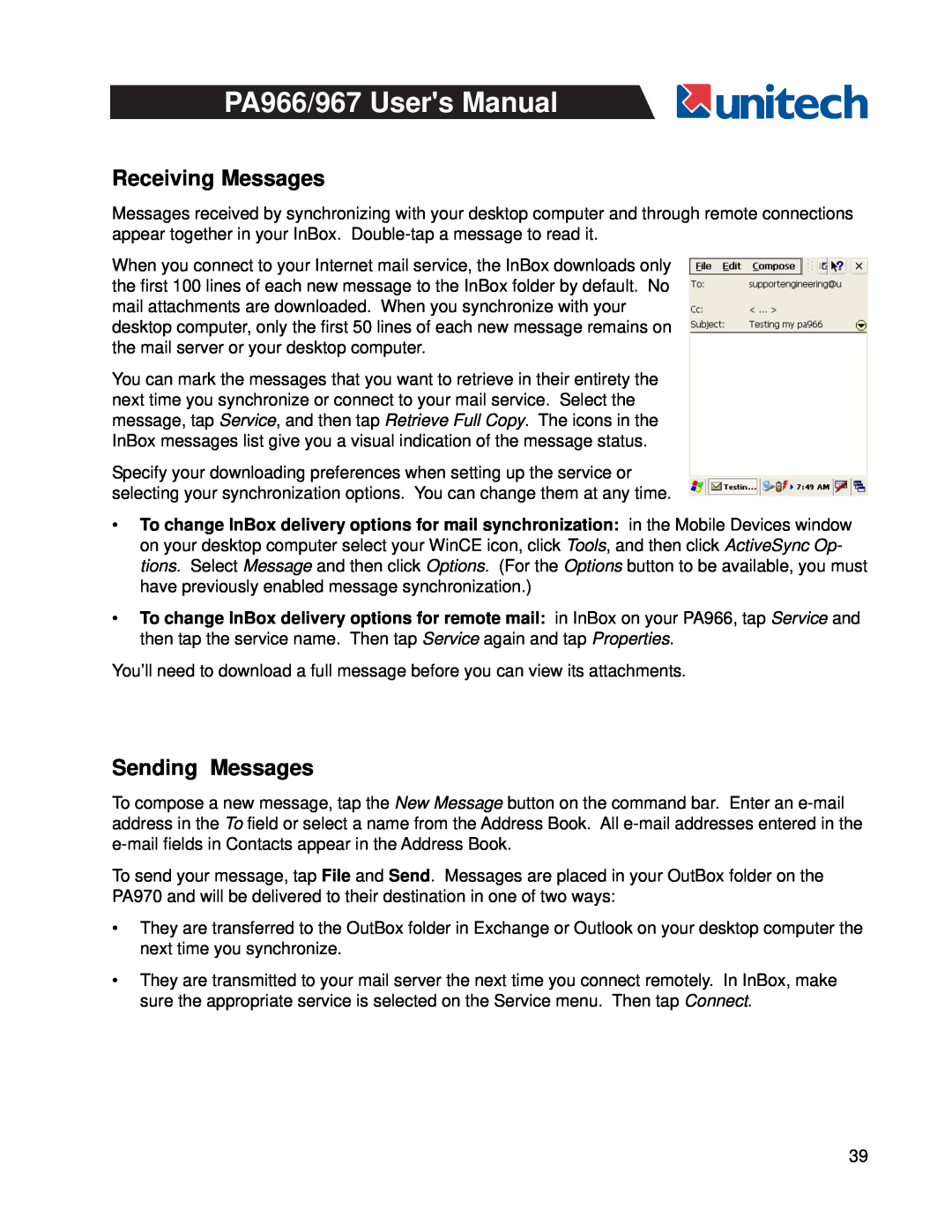 Unitech PA966, PA967 user manual Receiving Messages, Sending Messages 