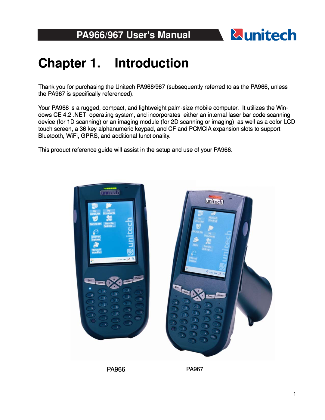 Unitech user manual Introduction, PA966PA967 