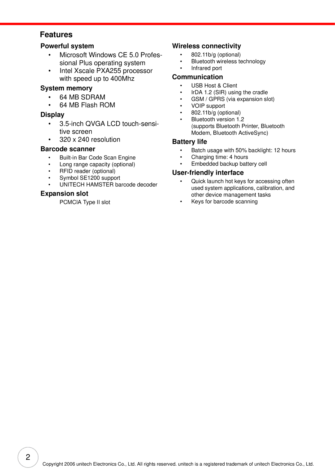 Unitech PA982 user manual Features 