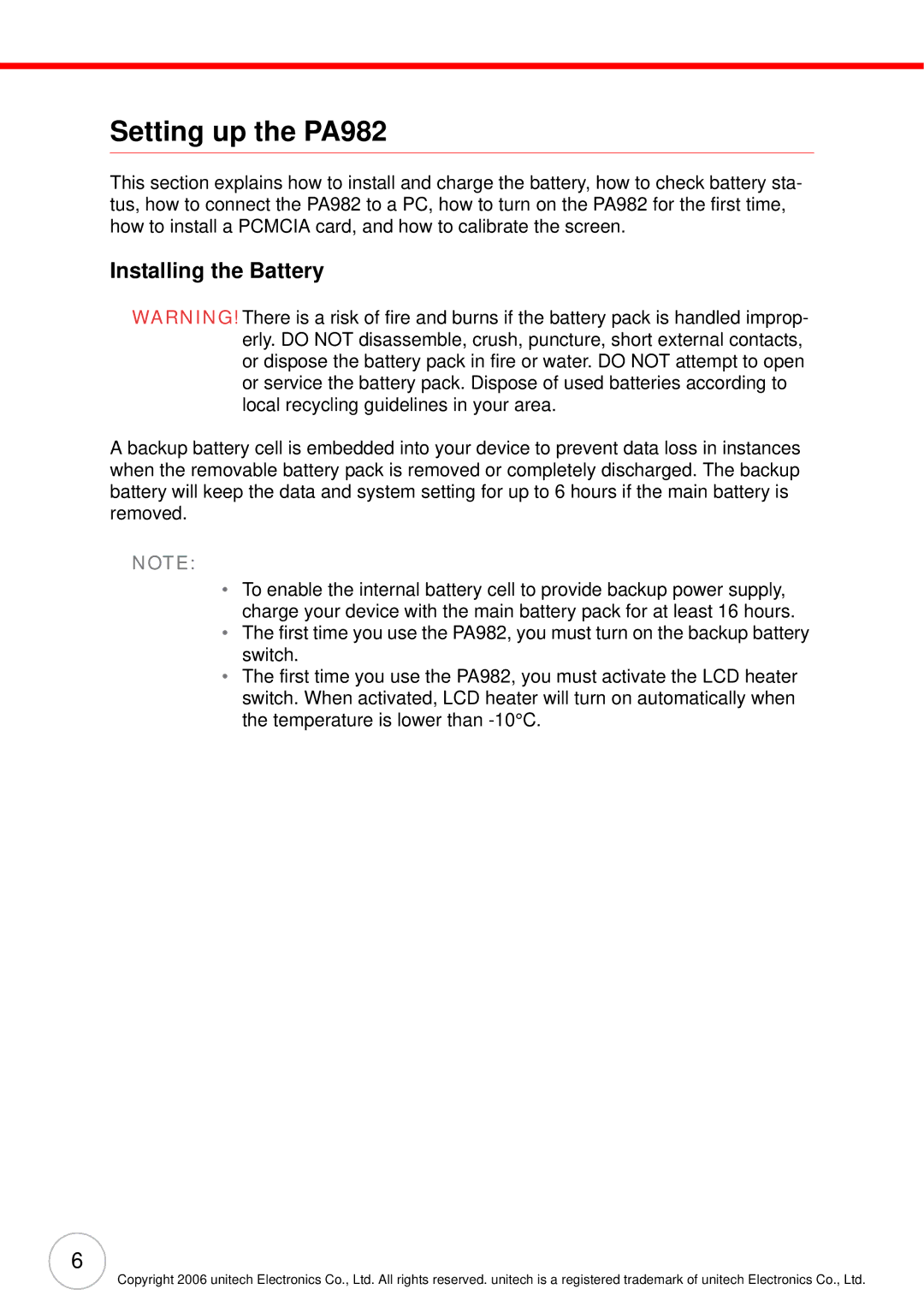 Unitech user manual Setting up the PA982, Installing the Battery 