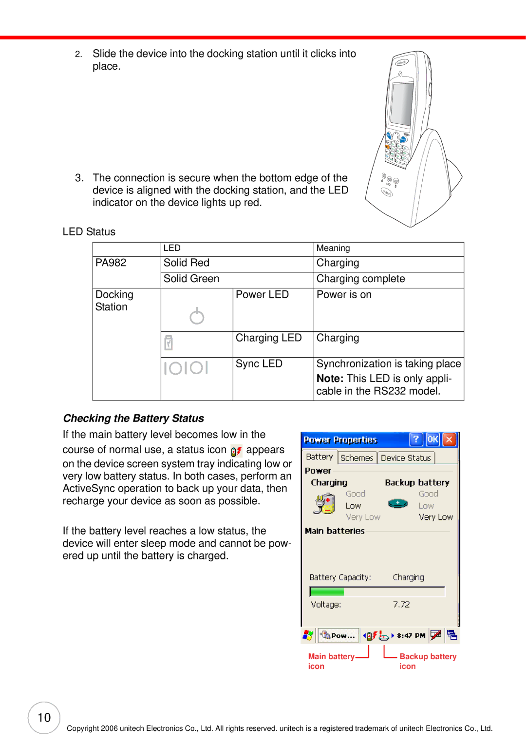 Unitech PA982 user manual Checking the Battery Status 