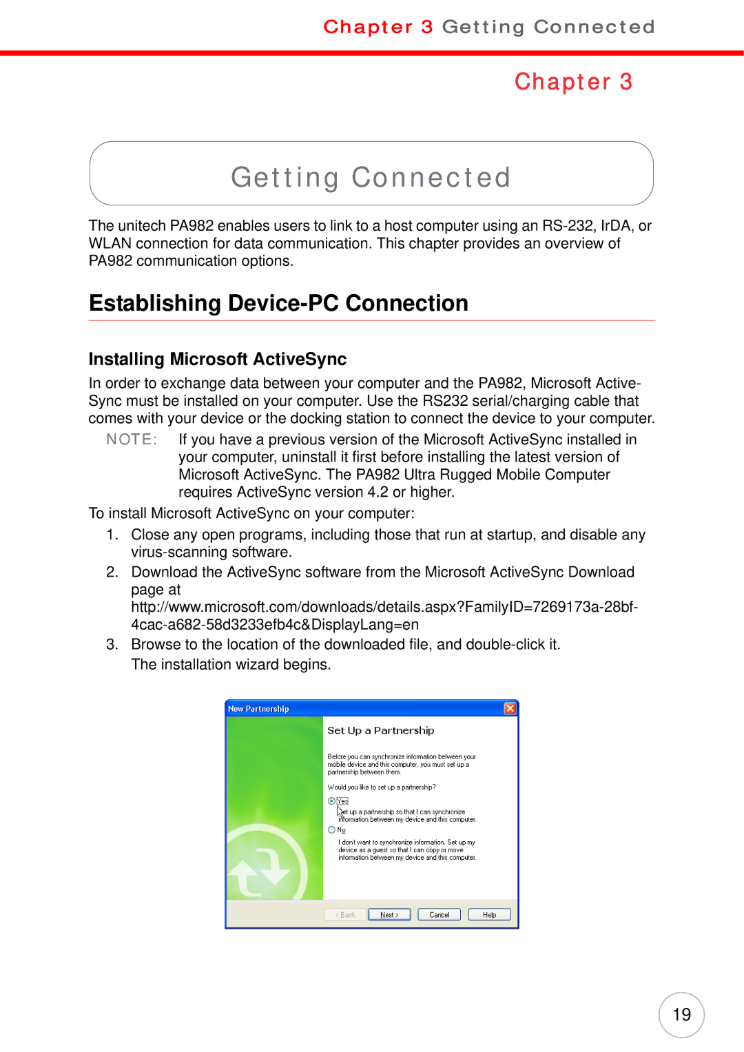 Unitech PA982 user manual Getting Connected, Establishing Device-PC Connection, Installing Microsoft ActiveSync 