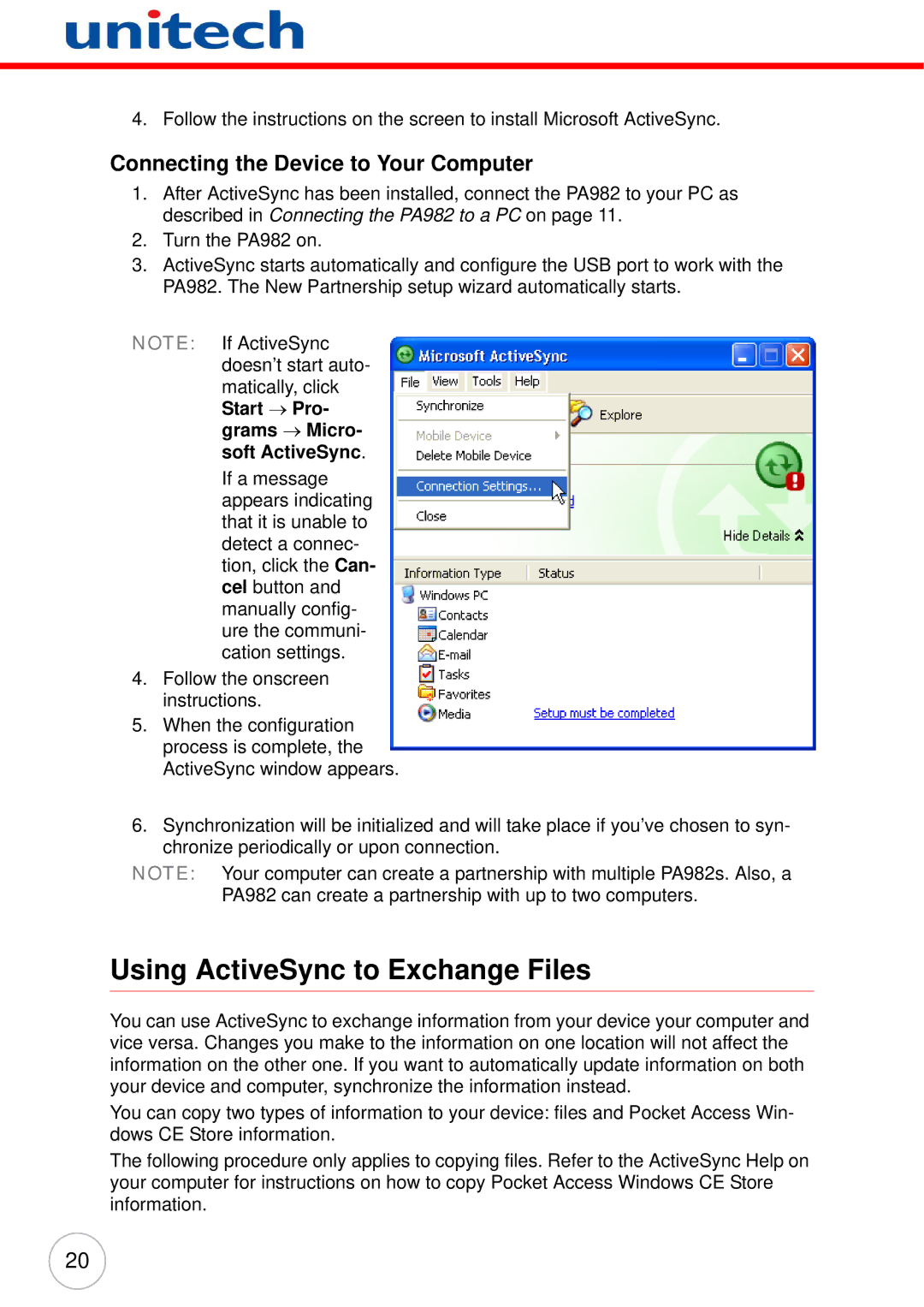 Unitech PA982 user manual Using ActiveSync to Exchange Files, Connecting the Device to Your Computer 