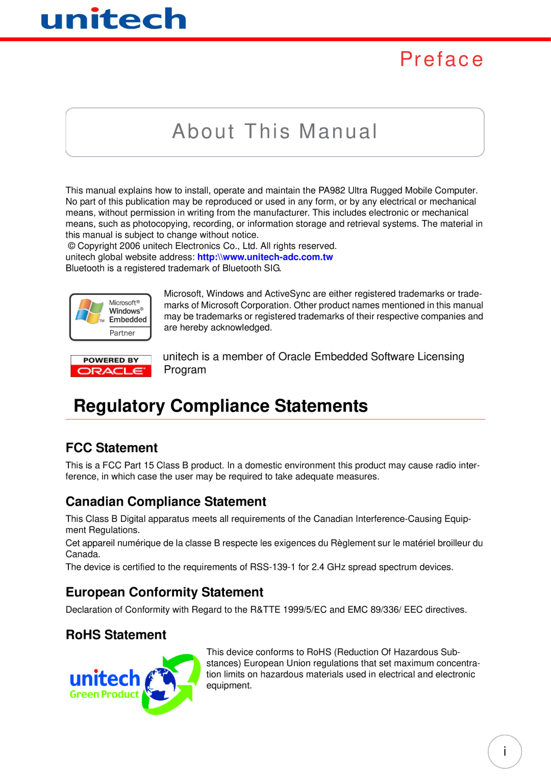 Unitech PA982 user manual About This Manual, FCC Statement, Canadian Compliance Statement, European Conformity Statement 