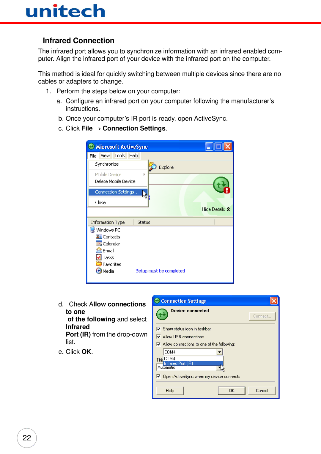 Unitech PA982 user manual Infrared Connection 