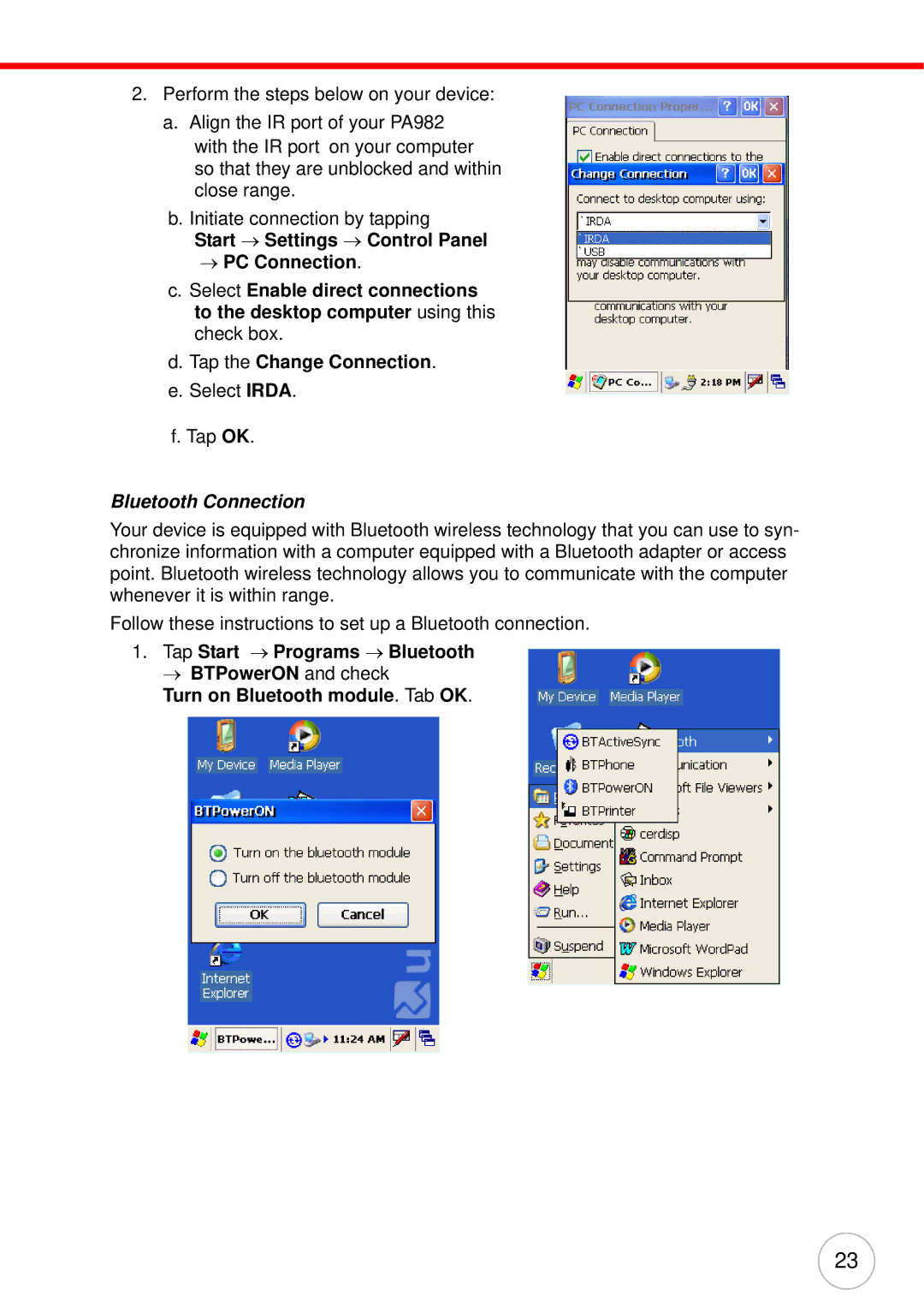 Unitech PA982 user manual → PC Connection, Tap the Change Connection, Bluetooth Connection 