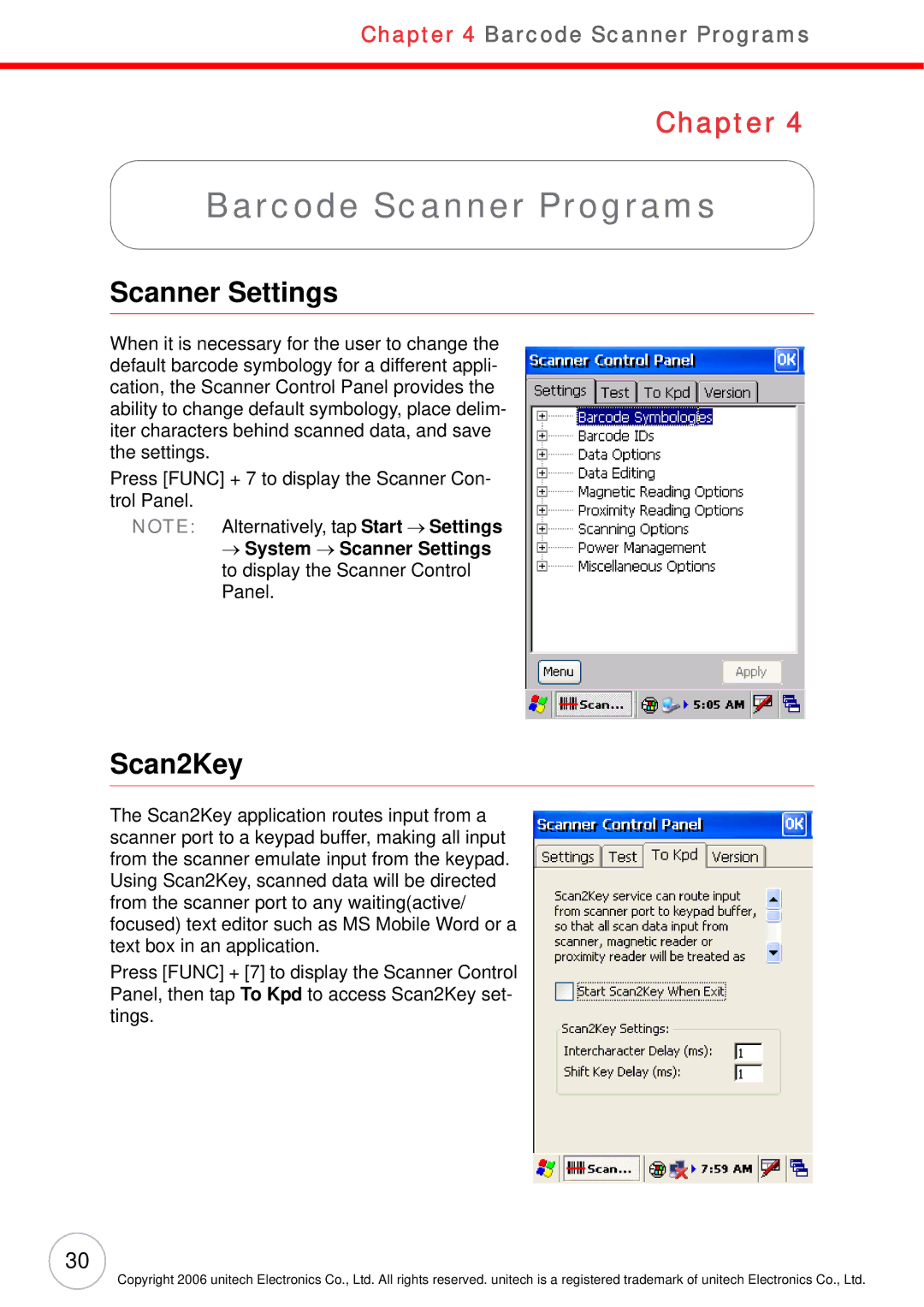 Unitech PA982 user manual Barcode Scanner Programs, Scanner Settings, Scan2Key 