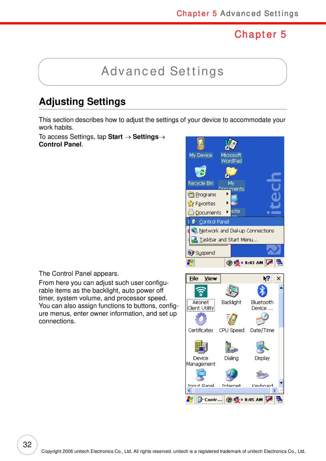 Unitech PA982 user manual Advanced Settings, Adjusting Settings, Control Panel 